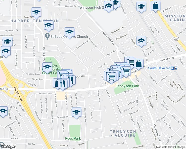map of restaurants, bars, coffee shops, grocery stores, and more near 725 Auburn Place in Hayward