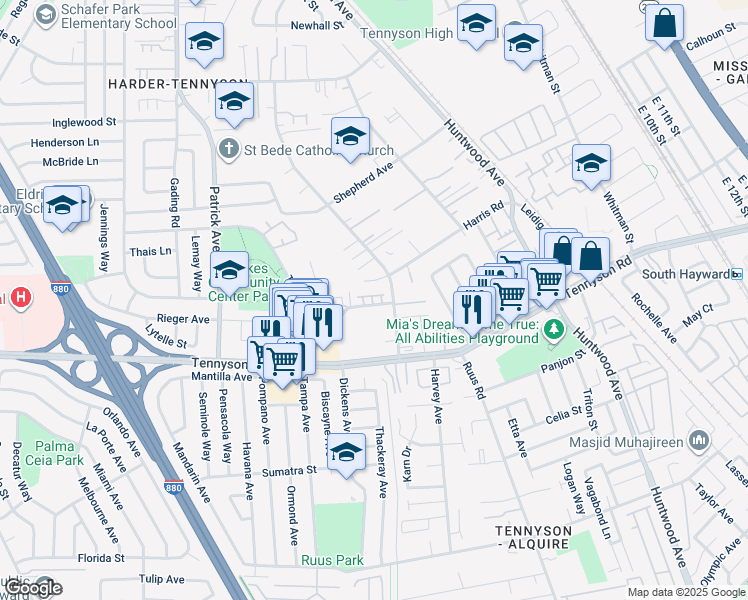 map of restaurants, bars, coffee shops, grocery stores, and more near 977 Glad Tidings Way in Hayward