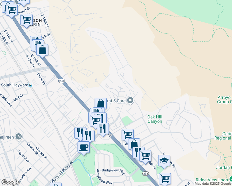 map of restaurants, bars, coffee shops, grocery stores, and more near 699 Dartmore Lane in Hayward