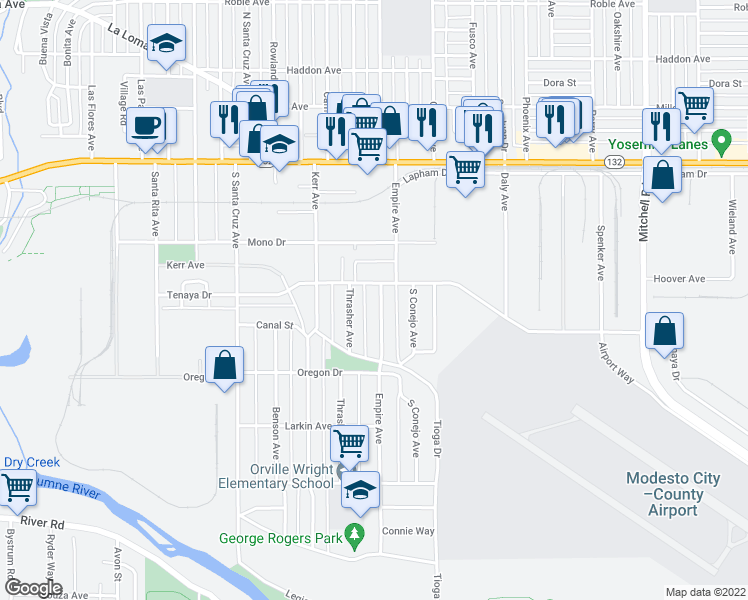 map of restaurants, bars, coffee shops, grocery stores, and more near 407 Empire Avenue in Modesto