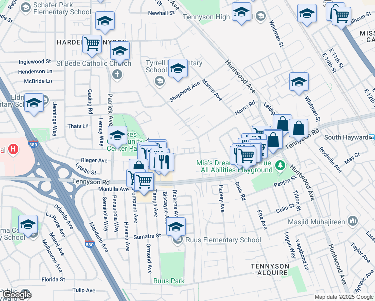map of restaurants, bars, coffee shops, grocery stores, and more near 977 Glad Tidings Way in Hayward