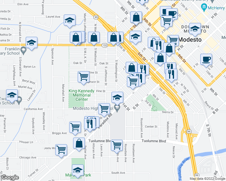 map of restaurants, bars, coffee shops, grocery stores, and more near 108 Vine Street in Modesto