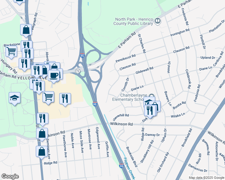 map of restaurants, bars, coffee shops, grocery stores, and more near 8213 Penobscot Road in Richmond