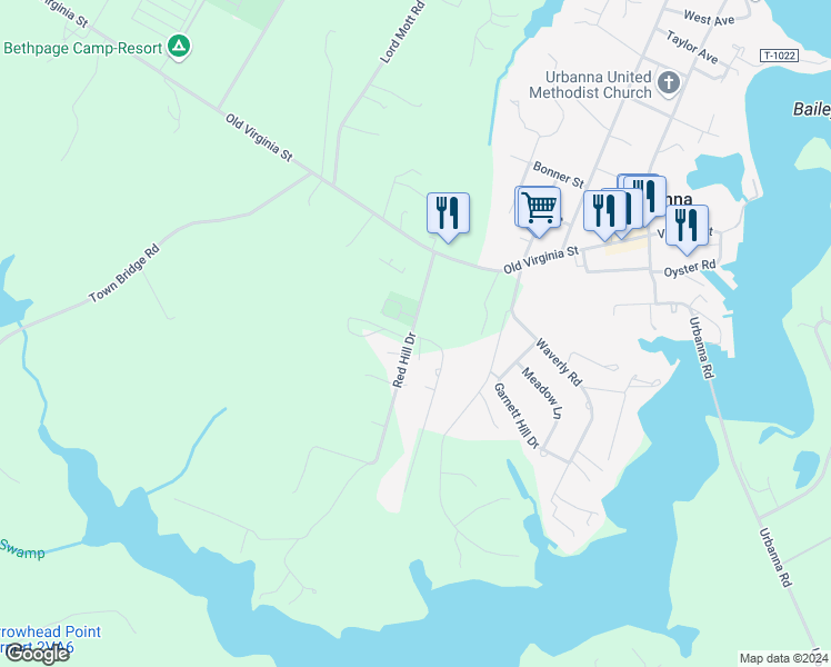 map of restaurants, bars, coffee shops, grocery stores, and more near 7 Laurel Farms Lane in Urbanna