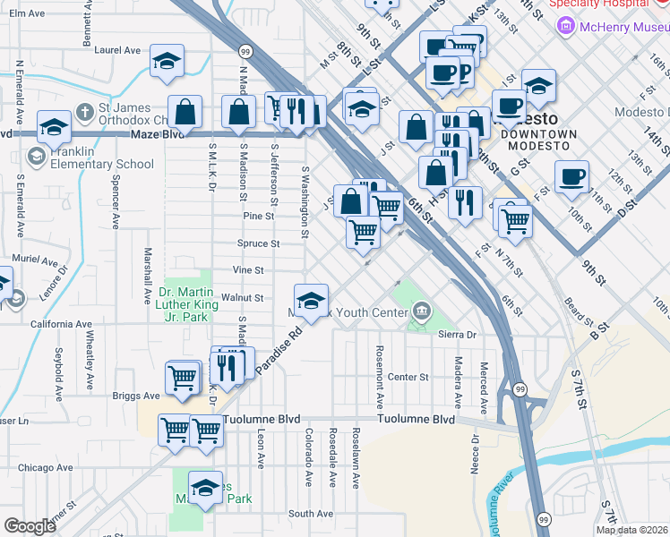map of restaurants, bars, coffee shops, grocery stores, and more near 818 2nd Street in Modesto