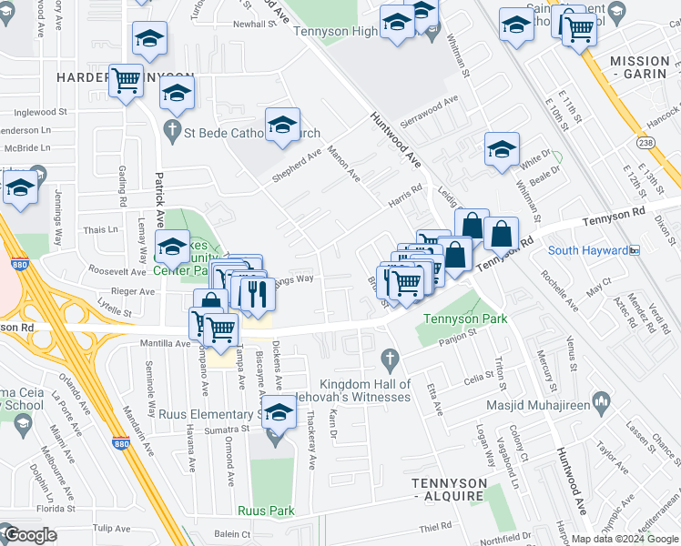 map of restaurants, bars, coffee shops, grocery stores, and more near 725 Auburn Place in Hayward