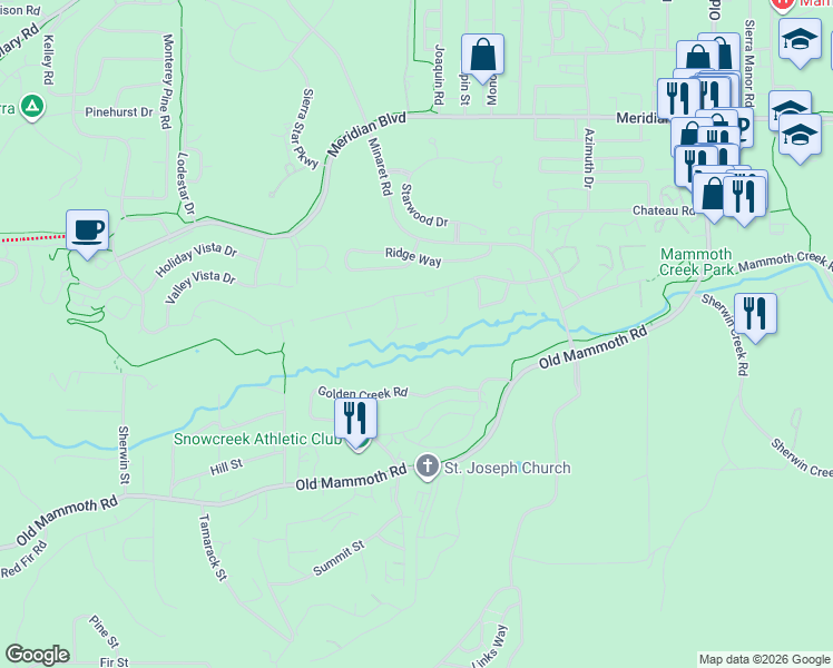 map of restaurants, bars, coffee shops, grocery stores, and more near 4711 Minaret Road in Mammoth Lakes