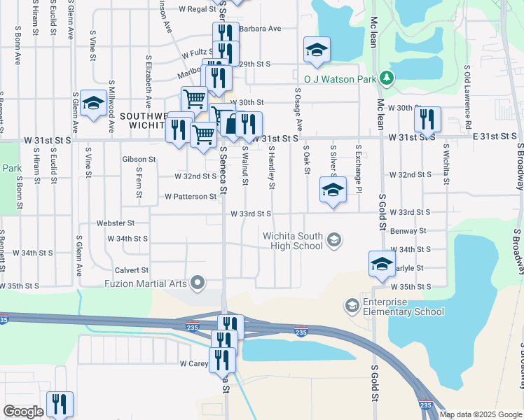 map of restaurants, bars, coffee shops, grocery stores, and more near 3357 South Handley Street in Wichita