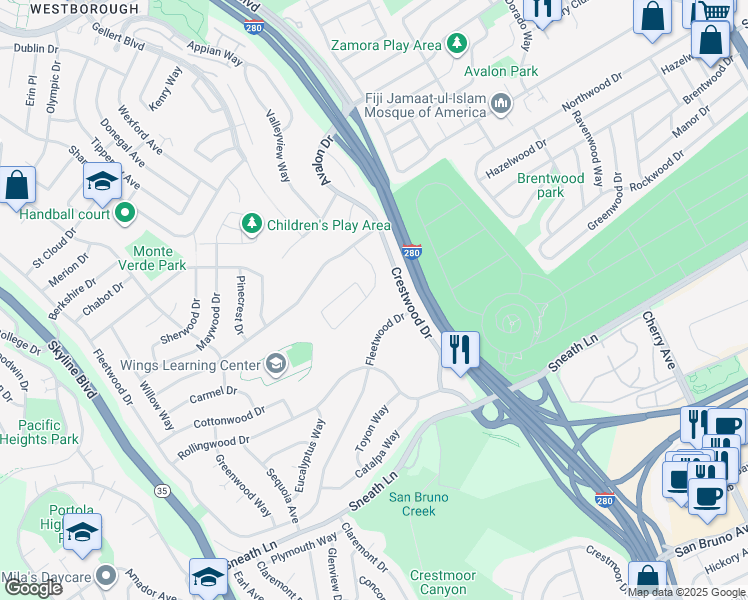 map of restaurants, bars, coffee shops, grocery stores, and more near 199 Fernwood Drive in San Bruno