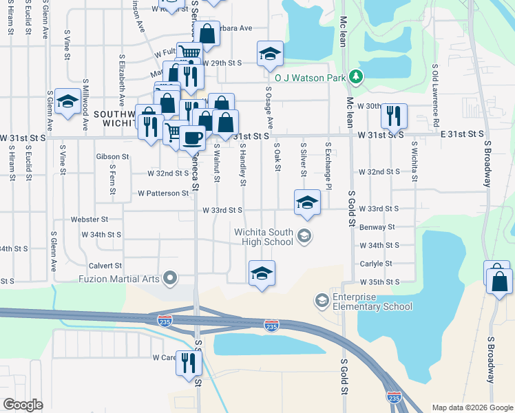 map of restaurants, bars, coffee shops, grocery stores, and more near 3357 South Osage Avenue in Wichita