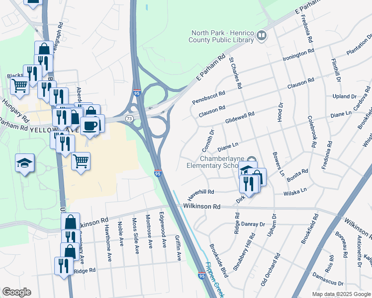 map of restaurants, bars, coffee shops, grocery stores, and more near 8213 Penobscot Road in Richmond