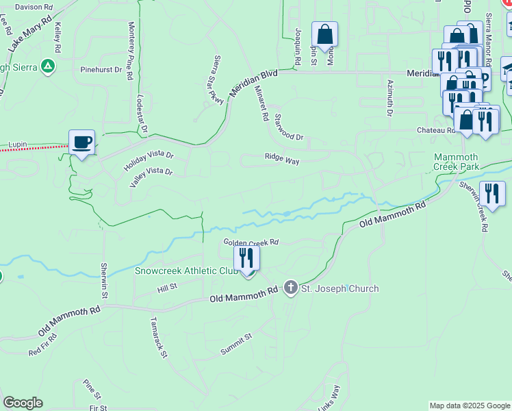 map of restaurants, bars, coffee shops, grocery stores, and more near White Bark in Mammoth Lakes
