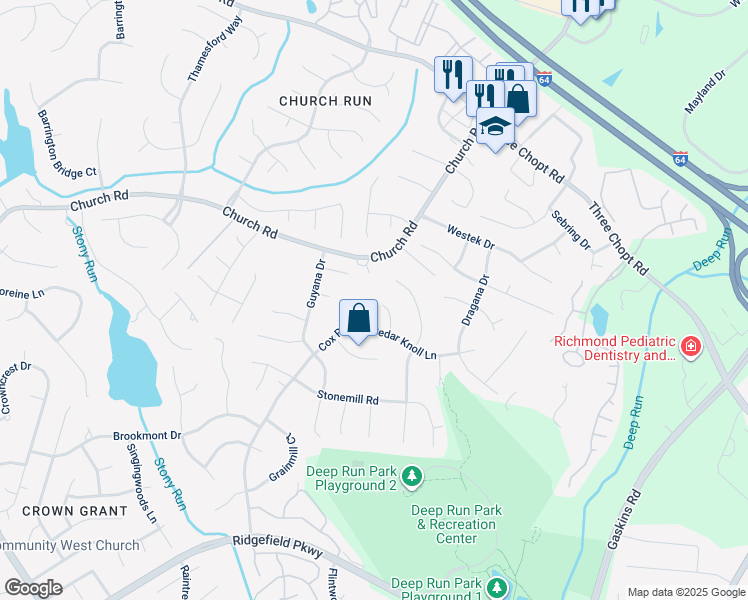 map of restaurants, bars, coffee shops, grocery stores, and more near 2506 Cedar Knoll Court in Richmond