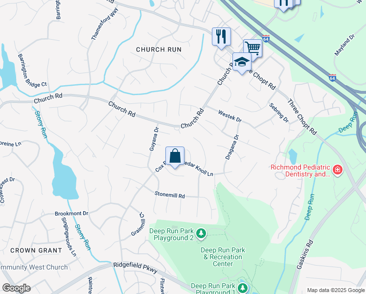 map of restaurants, bars, coffee shops, grocery stores, and more near 2506 Cedar Knoll Court in Richmond