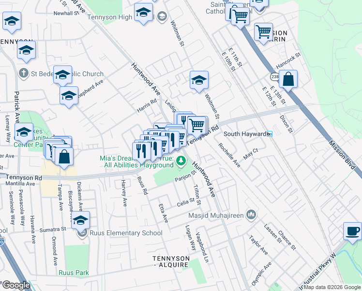 map of restaurants, bars, coffee shops, grocery stores, and more near Huntwood Ave & Tennyson Rd in Hayward