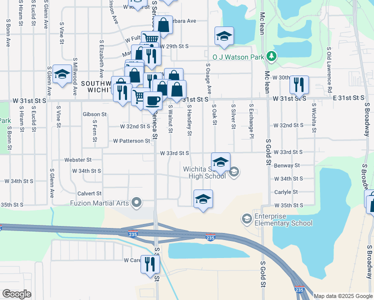 map of restaurants, bars, coffee shops, grocery stores, and more near 3357 South Handley Street in Wichita