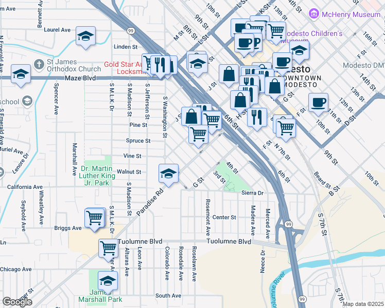 map of restaurants, bars, coffee shops, grocery stores, and more near 229 H St in Modesto