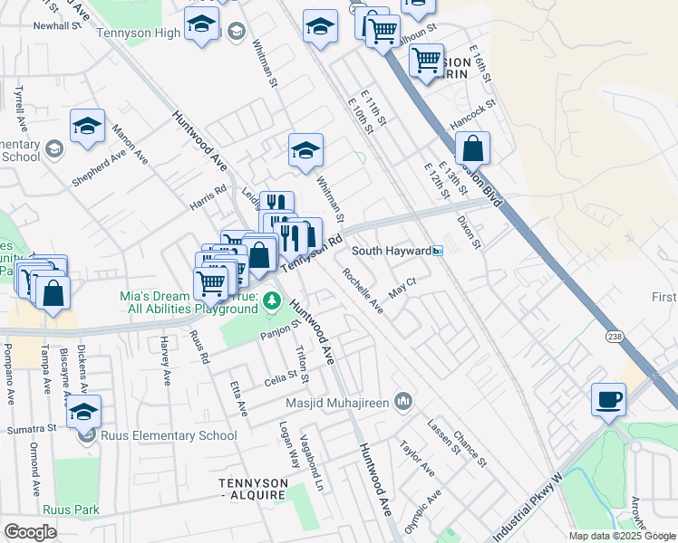 map of restaurants, bars, coffee shops, grocery stores, and more near 28315 Rochelle Avenue in Hayward