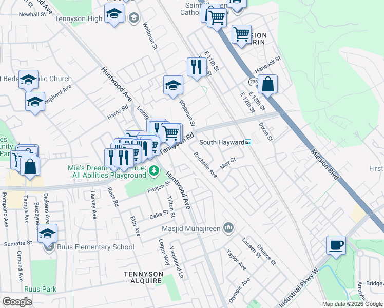 map of restaurants, bars, coffee shops, grocery stores, and more near 28279 Rochelle Avenue in Hayward