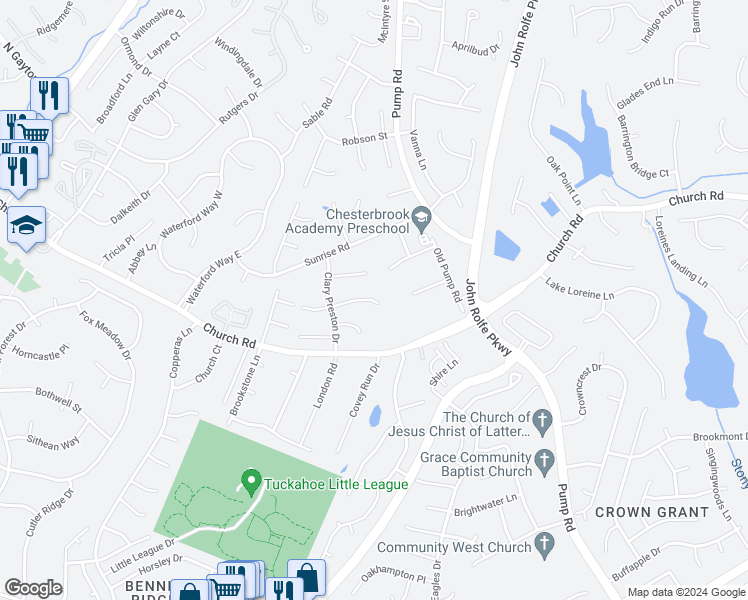 map of restaurants, bars, coffee shops, grocery stores, and more near 11812 Marnelan Place in Henrico