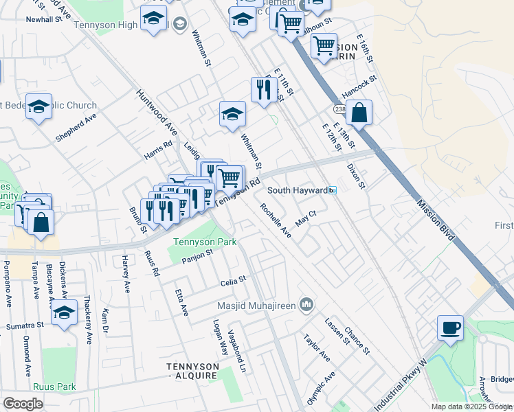 map of restaurants, bars, coffee shops, grocery stores, and more near 28315 Rochelle Avenue in Hayward