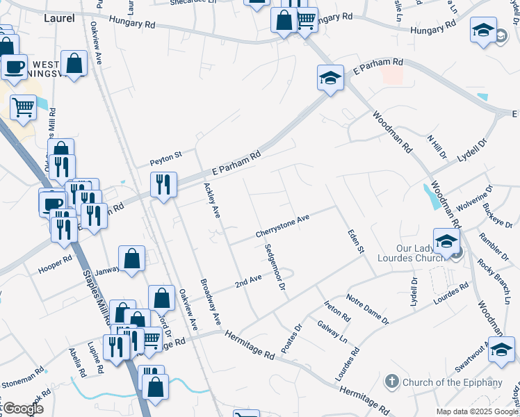 map of restaurants, bars, coffee shops, grocery stores, and more near 8611 Sedgemoor Drive in Richmond