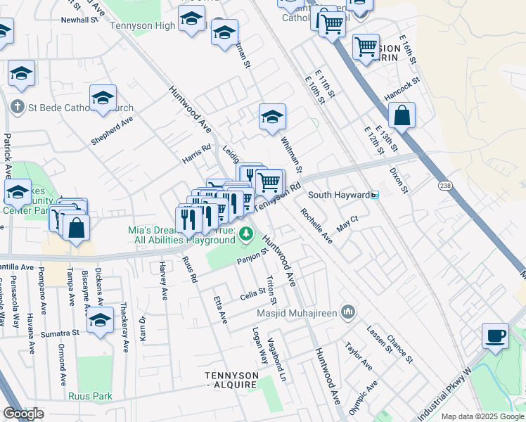 map of restaurants, bars, coffee shops, grocery stores, and more near 150 West Tennyson Road in Hayward