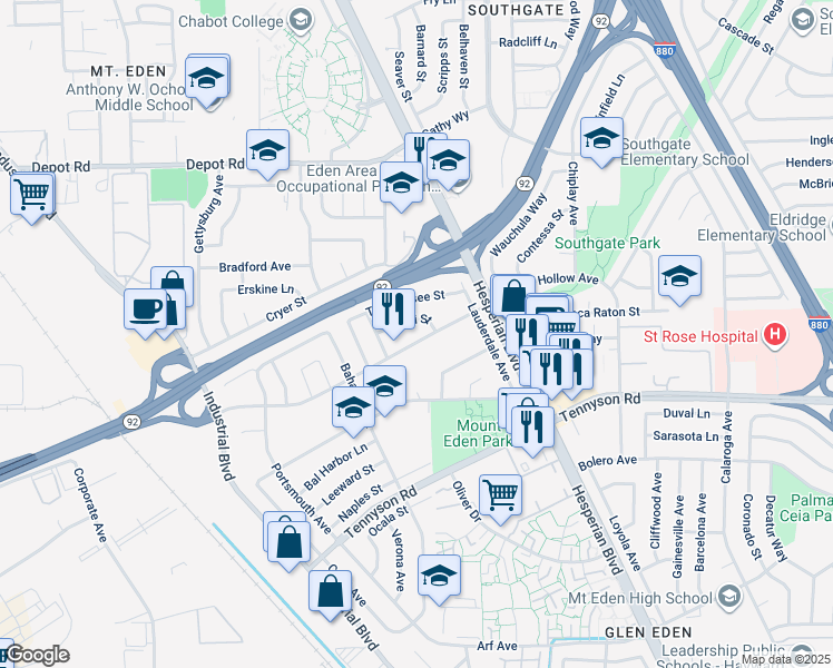 map of restaurants, bars, coffee shops, grocery stores, and more near 2317 Sleepy Hollow Avenue in Hayward