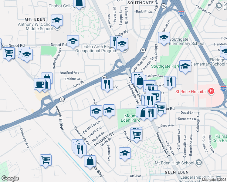 map of restaurants, bars, coffee shops, grocery stores, and more near 25800 Industrial Boulevard in Hayward