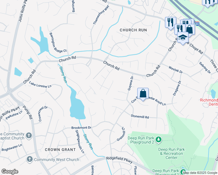 map of restaurants, bars, coffee shops, grocery stores, and more near 2908 Crown Grant Road in Richmond