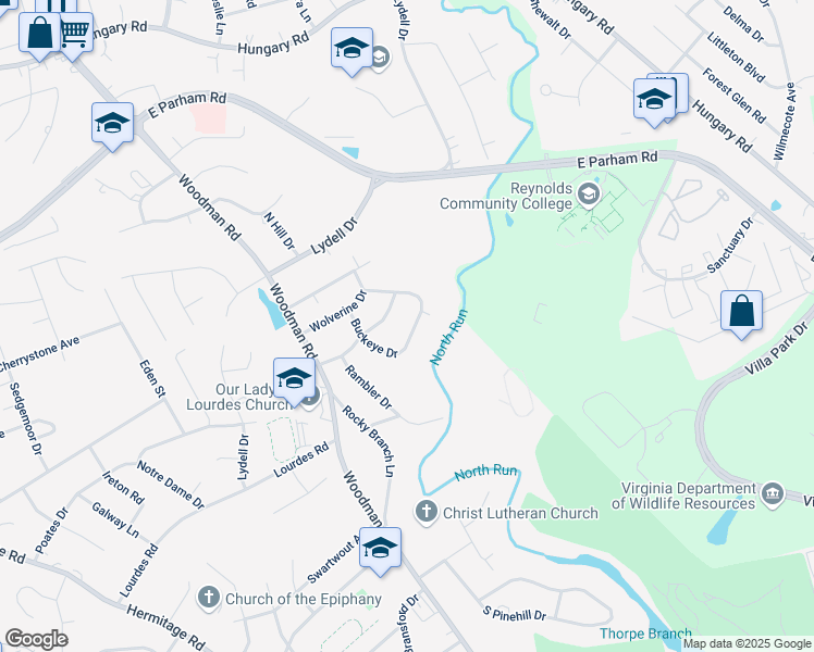 map of restaurants, bars, coffee shops, grocery stores, and more near 2104 Buckeye Drive in Richmond