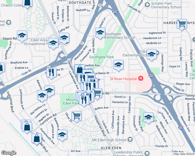 map of restaurants, bars, coffee shops, grocery stores, and more near 2055 Aldengate Way in Hayward