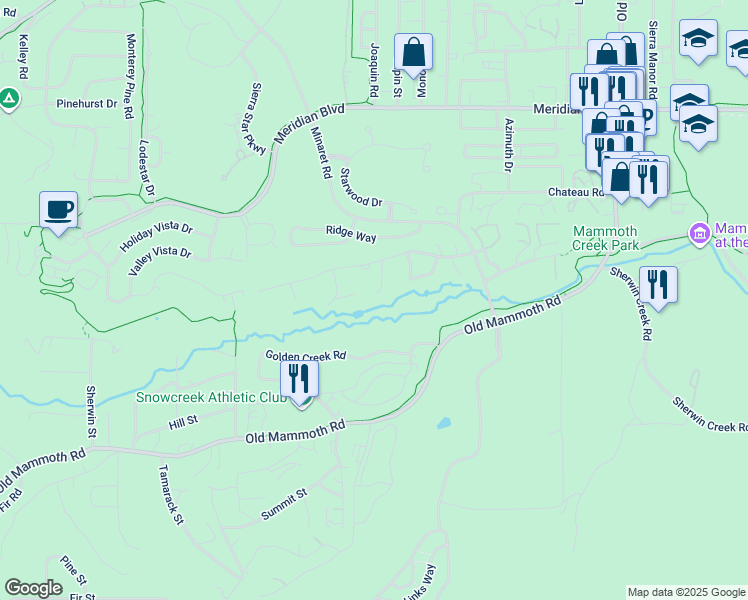 map of restaurants, bars, coffee shops, grocery stores, and more near 4711 Minaret Road in Mammoth Lakes
