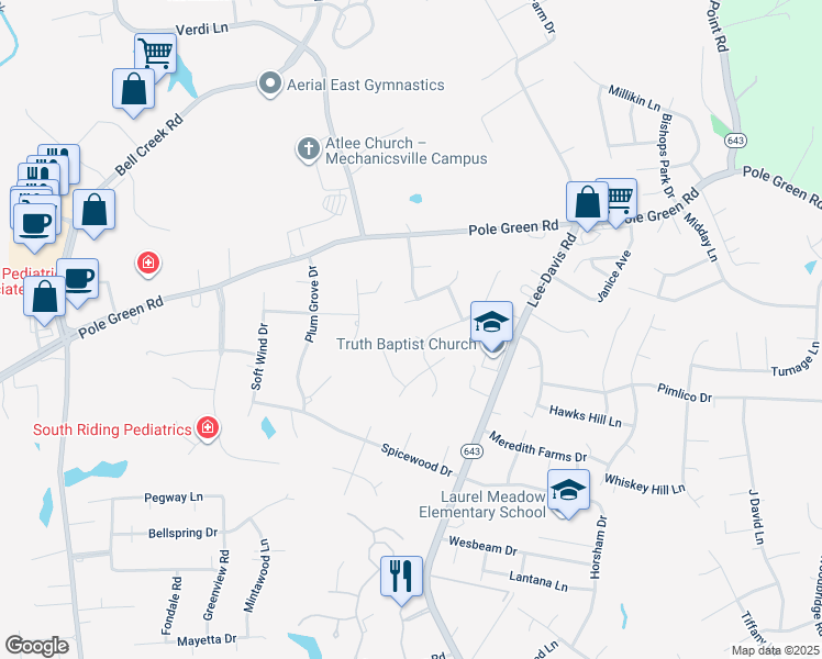 map of restaurants, bars, coffee shops, grocery stores, and more near 7114 Lynnshire Court in Mechanicsville