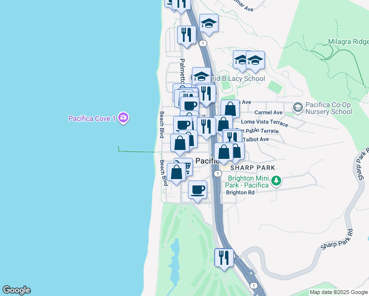 map of restaurants, bars, coffee shops, grocery stores, and more near 65 Santa Rosa Avenue in Pacifica
