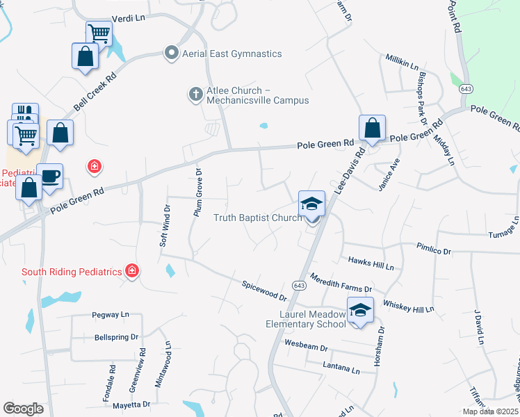 map of restaurants, bars, coffee shops, grocery stores, and more near 7114 Lynnshire Court in Mechanicsville