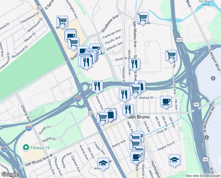 map of restaurants, bars, coffee shops, grocery stores, and more near 973 Mills Avenue in San Bruno