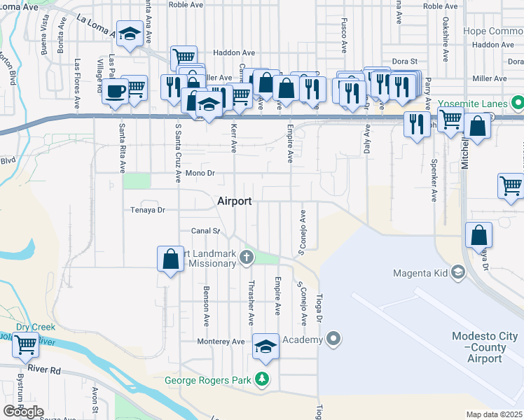 map of restaurants, bars, coffee shops, grocery stores, and more near 407 Empire Avenue in Modesto
