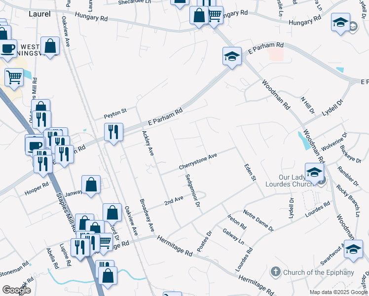 map of restaurants, bars, coffee shops, grocery stores, and more near 8611 Sedgemoor Drive in Richmond