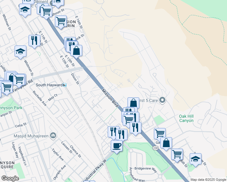 map of restaurants, bars, coffee shops, grocery stores, and more near 583 Delve Court in Hayward