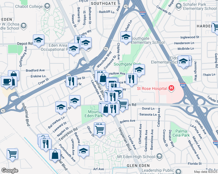map of restaurants, bars, coffee shops, grocery stores, and more near 2163 Aldengate Way in Hayward