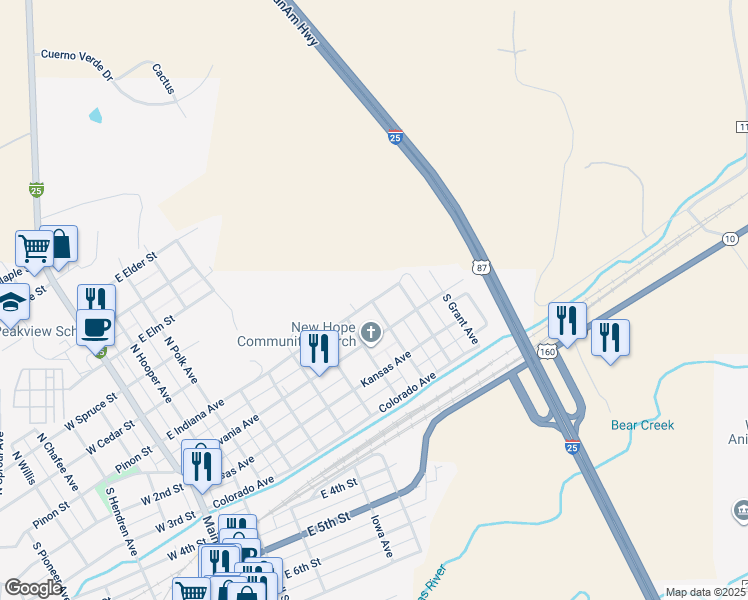 map of restaurants, bars, coffee shops, grocery stores, and more near 112 North Washington Avenue in Walsenburg