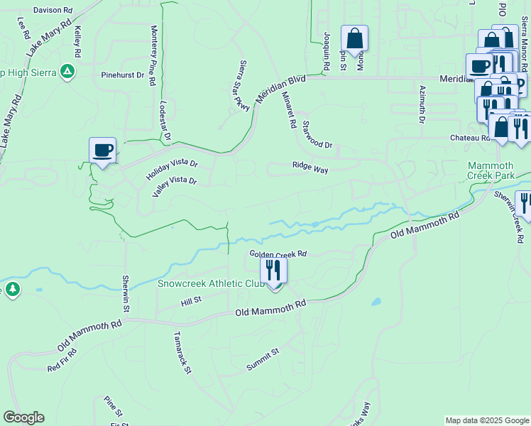 map of restaurants, bars, coffee shops, grocery stores, and more near White Bark in Mammoth Lakes