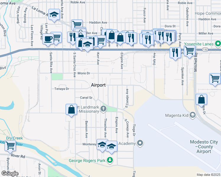 map of restaurants, bars, coffee shops, grocery stores, and more near 407 Empire Avenue in Modesto
