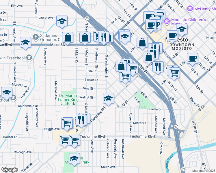 map of restaurants, bars, coffee shops, grocery stores, and more near 823 2nd Street in Modesto