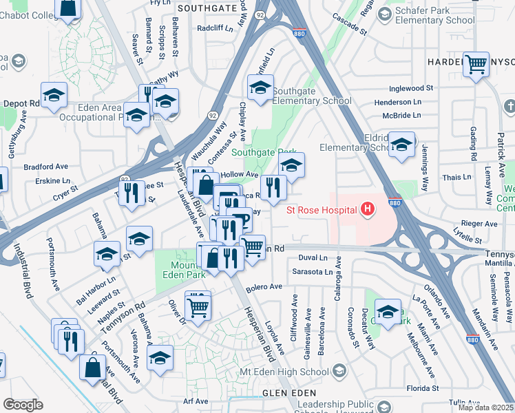 map of restaurants, bars, coffee shops, grocery stores, and more near 2086 Aldengate Way in Hayward