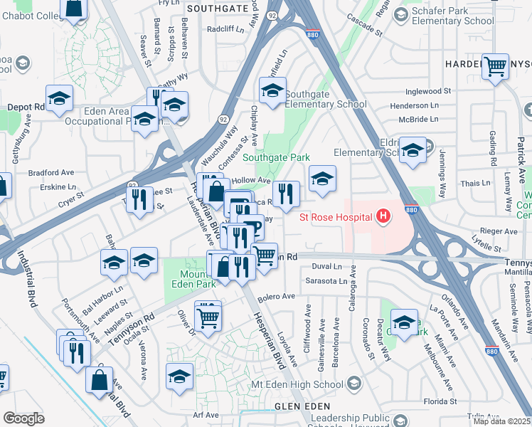 map of restaurants, bars, coffee shops, grocery stores, and more near 2086 Aldengate Way in Hayward