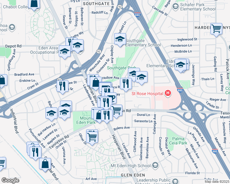 map of restaurants, bars, coffee shops, grocery stores, and more near 2086 Aldengate Way in Hayward
