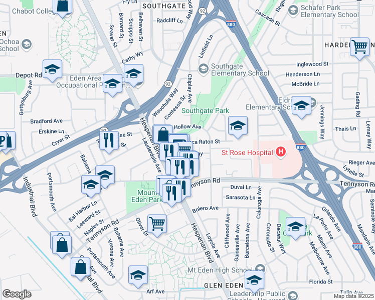 map of restaurants, bars, coffee shops, grocery stores, and more near 2086 Aldengate Way in Hayward