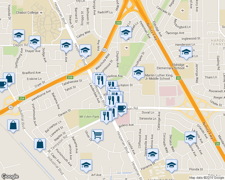 map of restaurants, bars, coffee shops, grocery stores, and more near 2163 Aldengate Way in Hayward